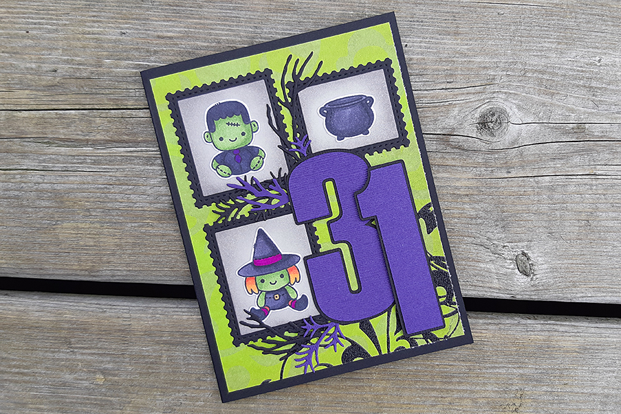 Halloween postal collage - green and purple version.