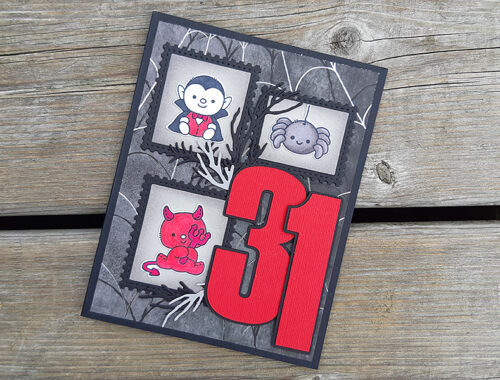 Postage collage Halloween cards featuring Clearly Besotted Halloween Plushies