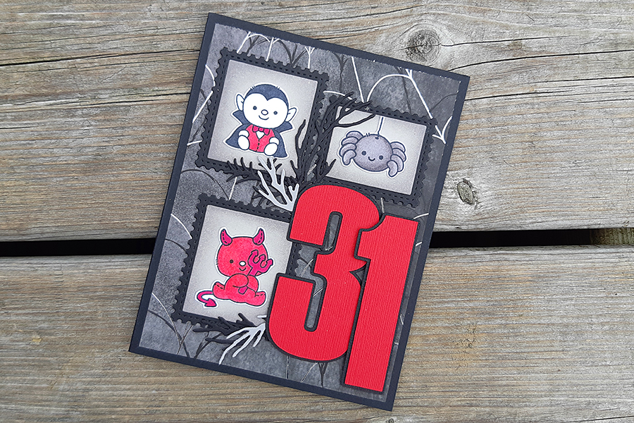 Postage collage Halloween cards featuring Clearly Besotted Halloween Plushies