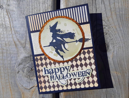 Spooky Witch Silhouette with Orange Glitter Moon - Halloween Card