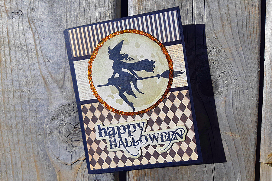 Spooky Witch Silhouette with Orange Glitter Moon - Halloween Card